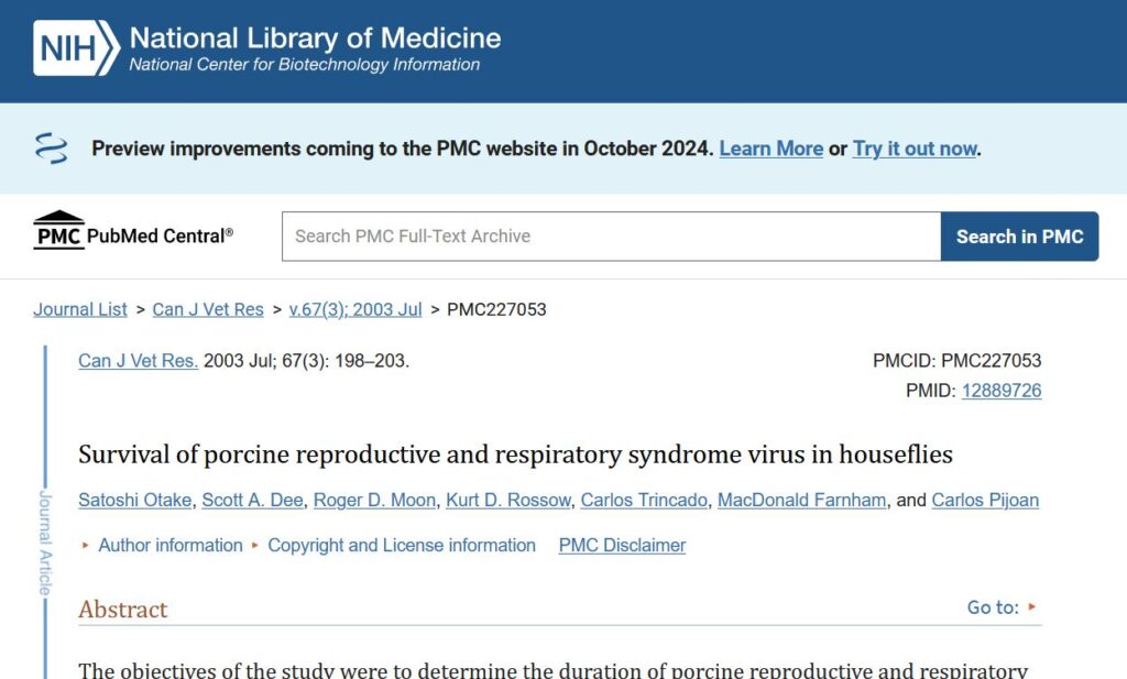 Survival of porcine reproductive and respiratory syndrome virus in houseflies